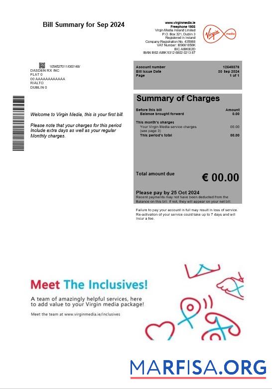 Printable Ireland Virgin Media business utility bill template in Word and PDF formats, version 2